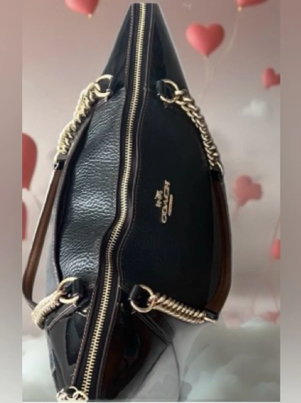 Coach Black Leather Tote with Gold Chain Straps
